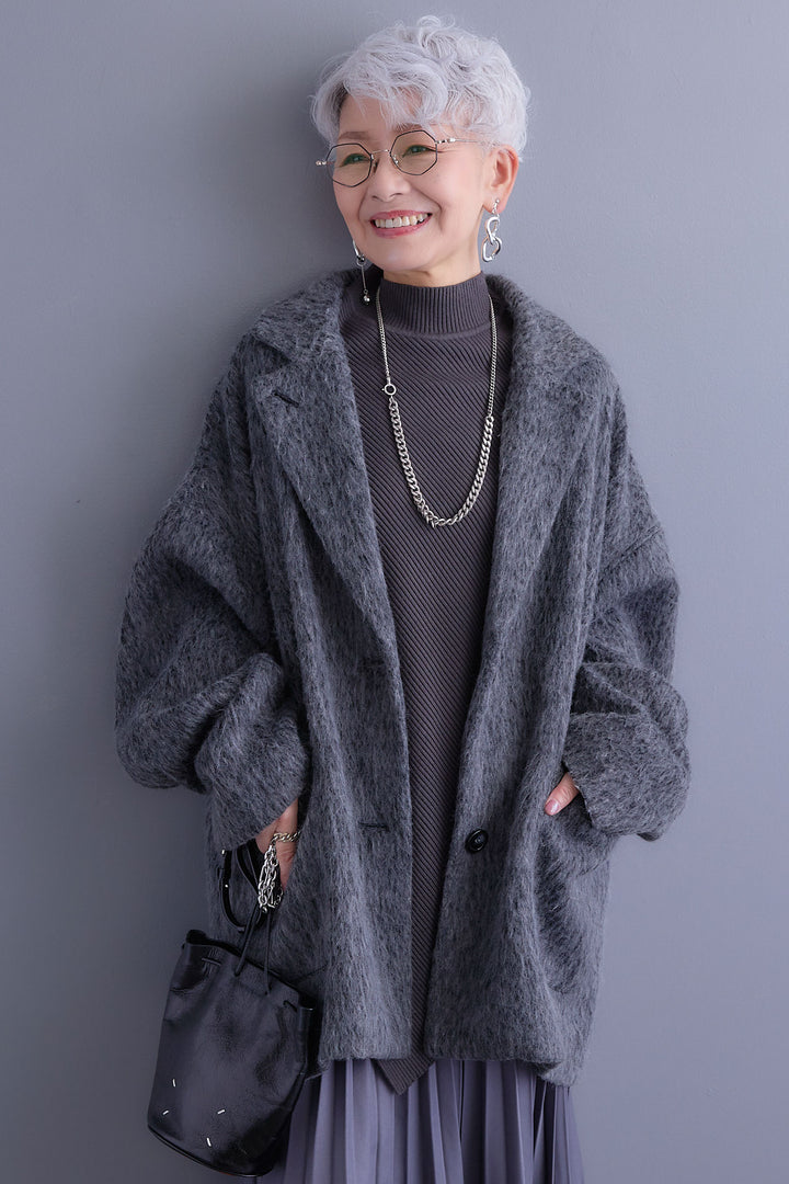 【SET】アシンメトリーオーバーニット+シャギーテーラードコート+アシンメトリープリーツスカート(3set)