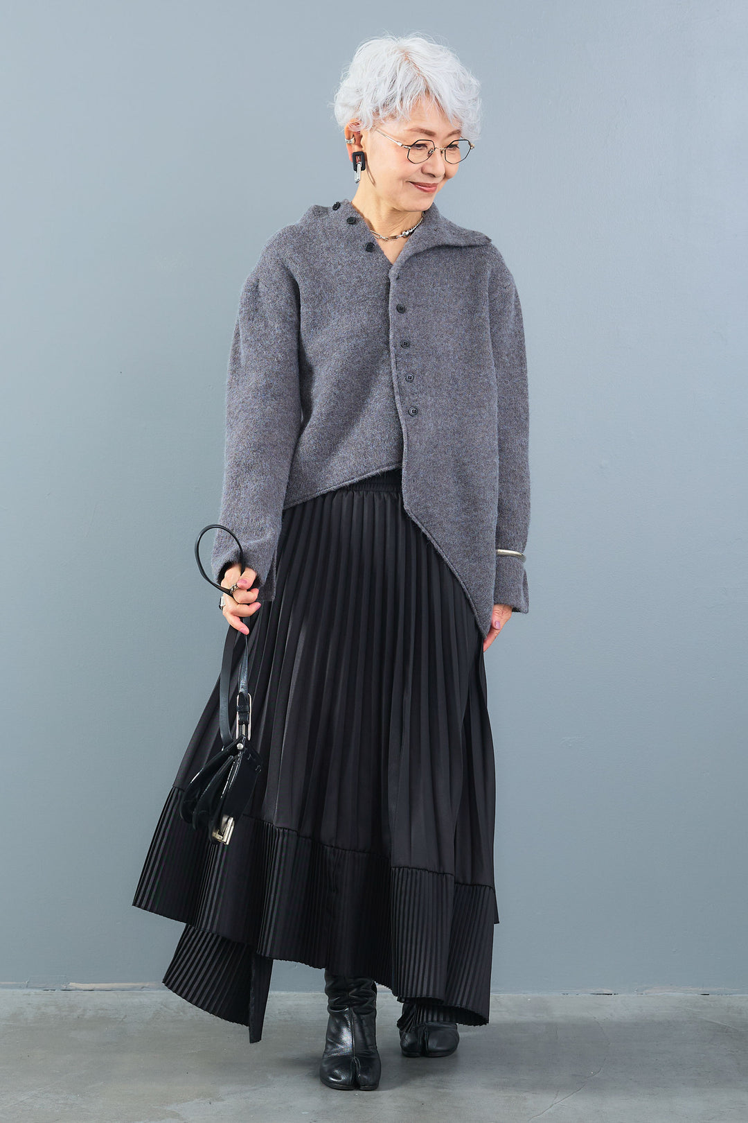 【SET】アシメハイネックボタンニット+アシンメトリープリーツスカート(2set)