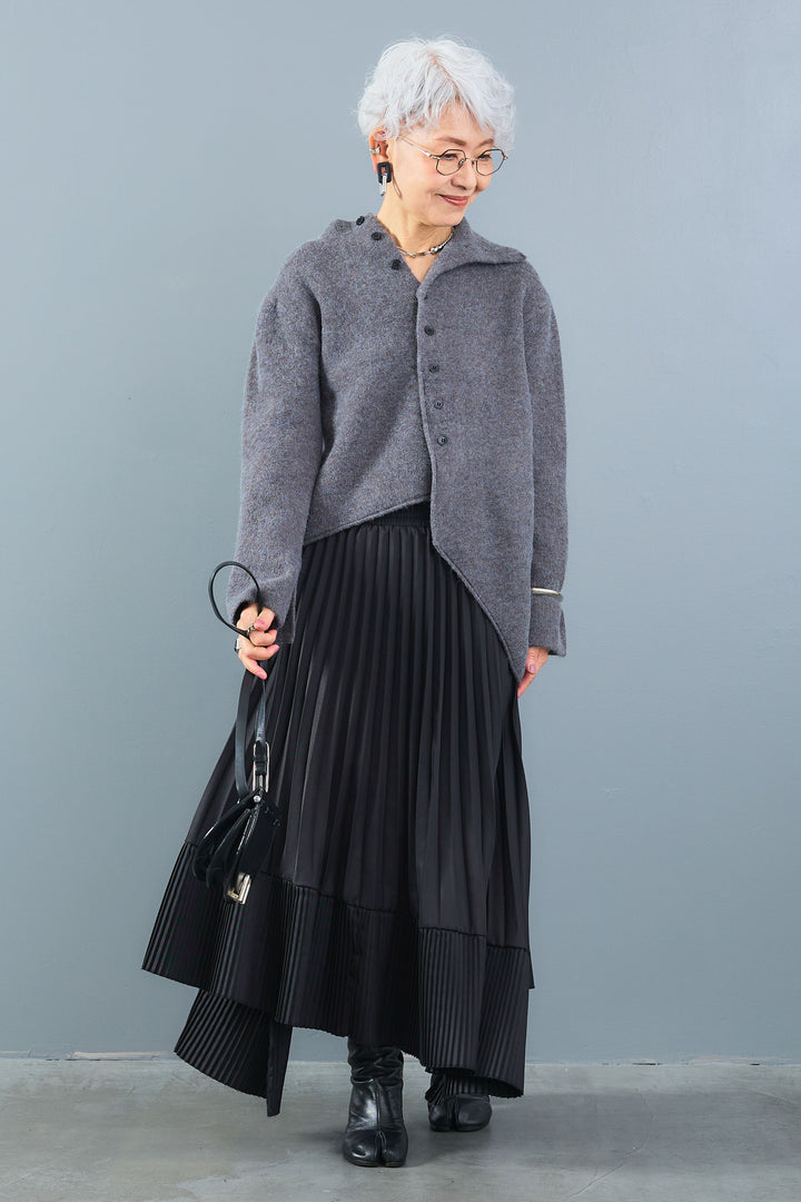 【SET】アシメハイネックボタンニット+アシンメトリープリーツスカート(2set)