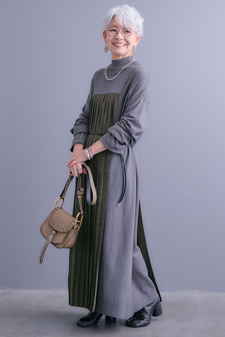 【予約】メタリックプリーツドッキングニットワンピース