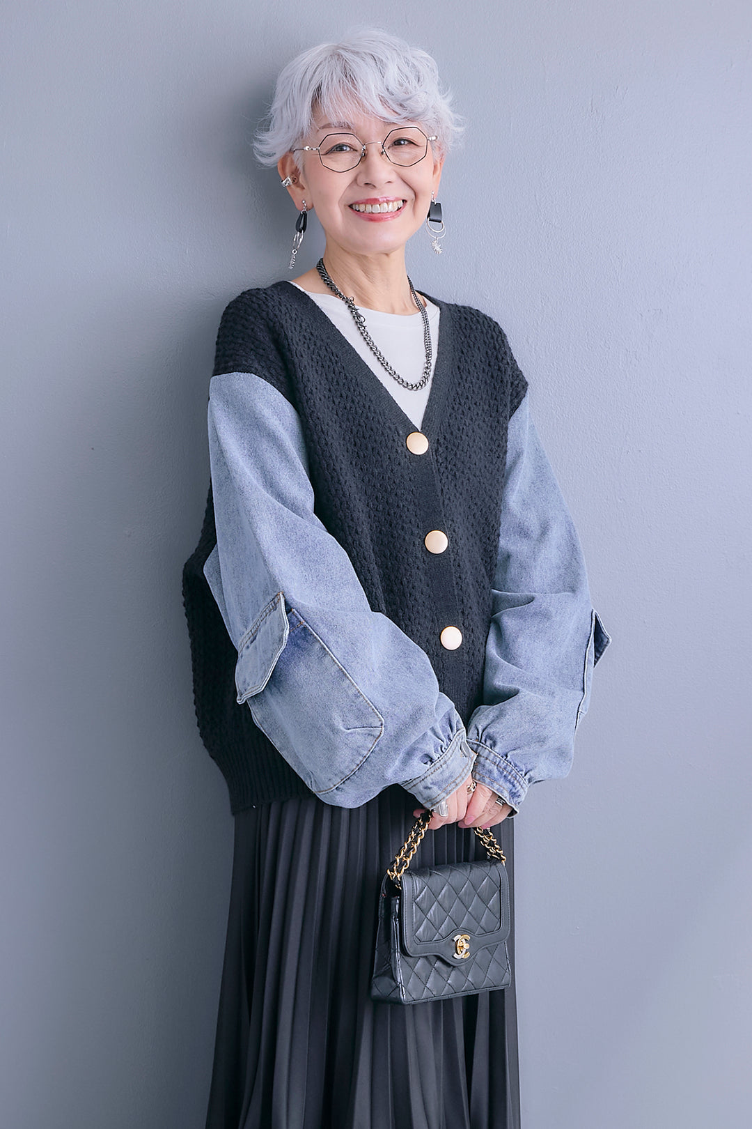 【予約】デニムスリーブニットオーバーカーデ