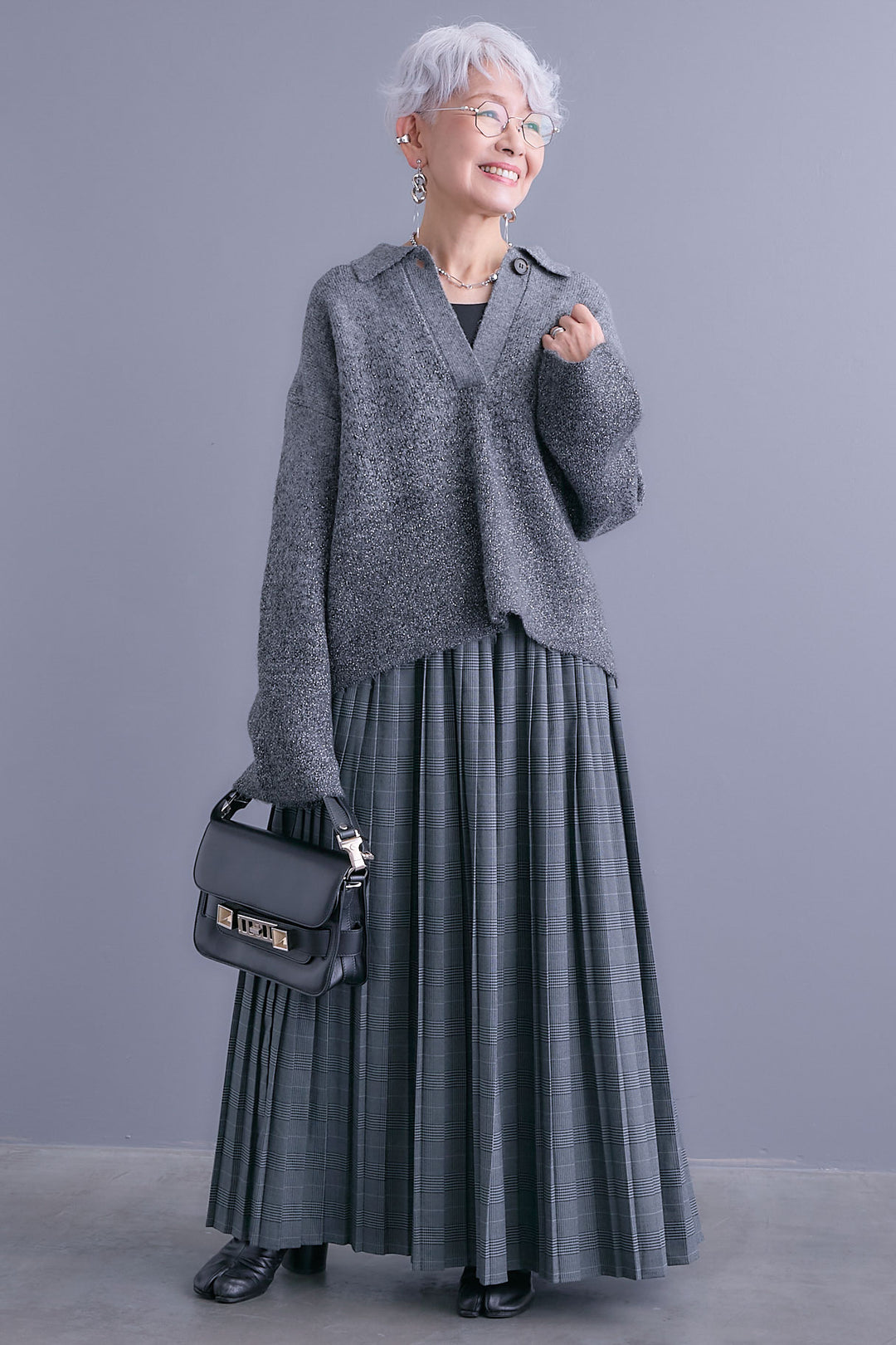 【SET】グラデーションラメキーネックニット+グレンチェックプリーツスカート(2set)