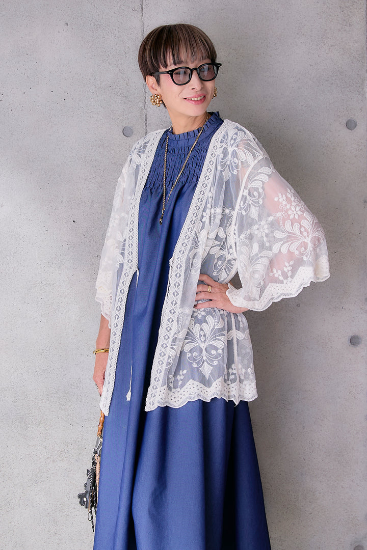 【予約】ソフトデニムシャーリングスタンドネックワンピース