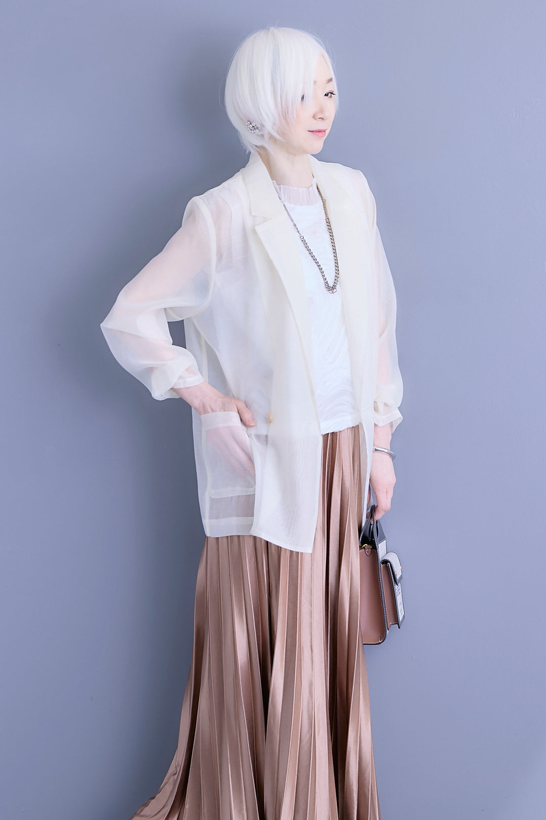 【SET】シアーポプリンダブルテーラードジャケット+ウェーブモチーフスタンドネックブラウス+2WAYラメサテンプリーツ×シアーティアードチュールスカート(3set)