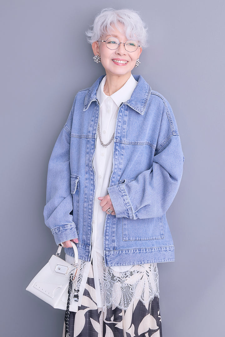 【SET】ジップアップデニムブルゾン+ヘムレースロングシャツ+リーフアートフレアスカート(3set)