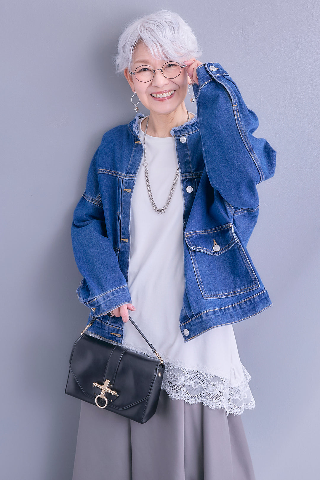 【SET】ノーカラーオーバーサイズデニムジャケット+ヘムレースアシメロンT+ヘムチュールレイヤードフリルスカート(3set)