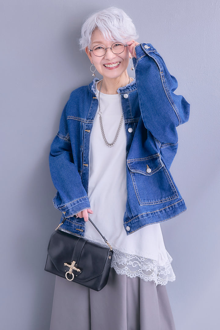 【SET】ノーカラーオーバーサイズデニムジャケット+ヘムレースアシメロンT+ヘムチュールレイヤードフリルスカート(3set)