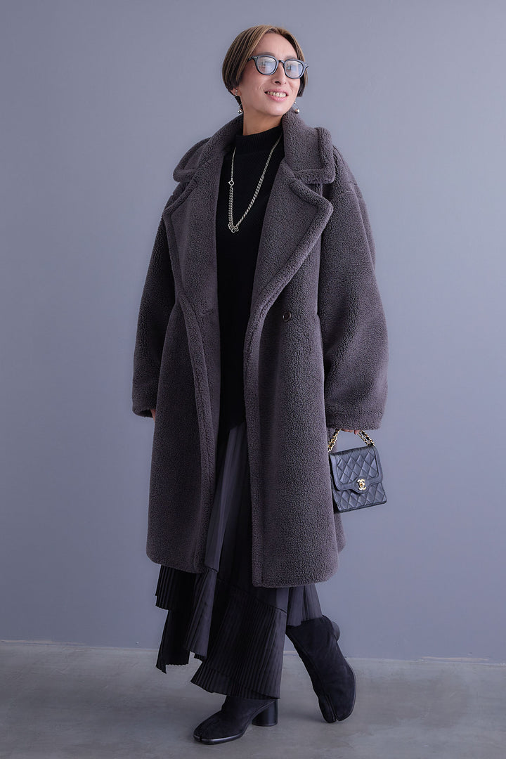 【SET】アシンメトリーオーバーニット+テディボアロングコート+アシンメトリープリーツスカート(3set)