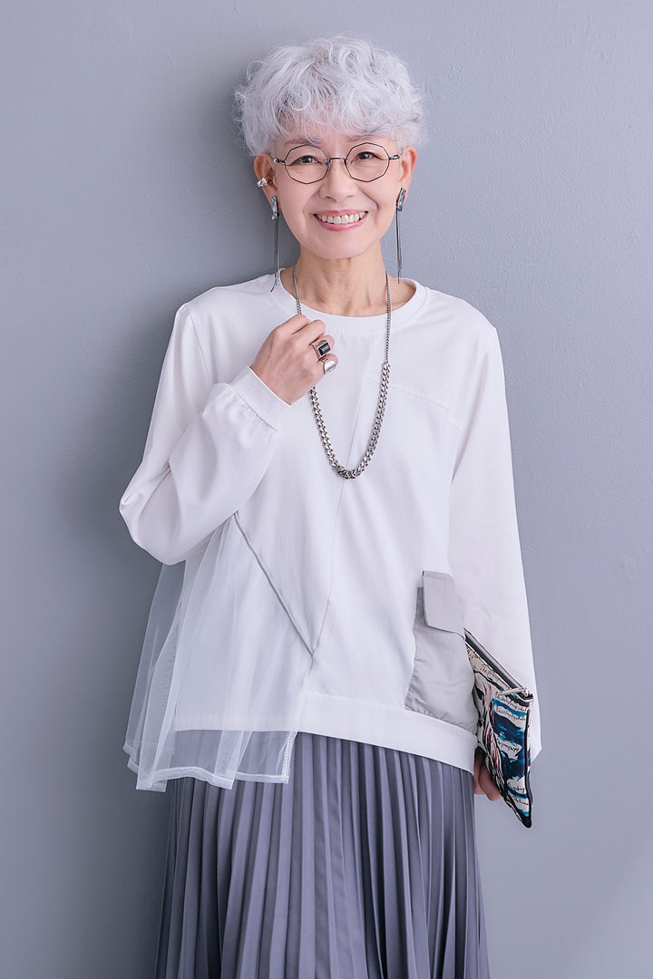 【SET】チュールギャザーアシメポケットプルオーバー+アシンメトリープリーツスカート(2set)