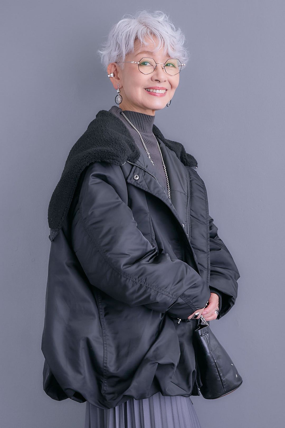 【SET】アシンメトリーオーバーニット+2WAYオーバーカラーN-3Bジャケット+アシンメトリープリーツスカート(3set)