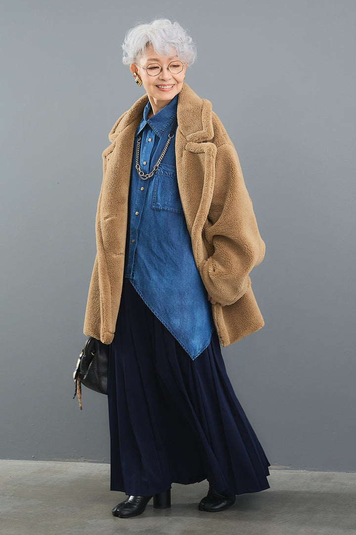 【SET】ヴィンテージアシンメトリーデニムシャツ+テディボアミディコート+デニムドッキングプリーツスカート(3set)