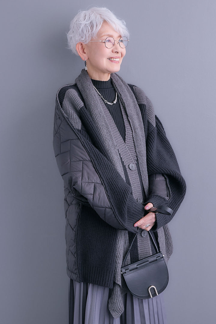 【SET】バックキルティングローゲージニットカーディガン【ストール付き】+アシンメトリープリーツスカート(2set)