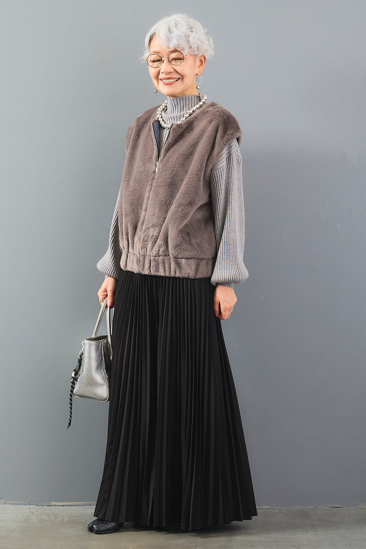【SET】ボリュームスリーブハイネックリラクシーニット+フレンチスリーブヘムギャザーエコファーベスト+プリーツフレアパンツ(3set)
