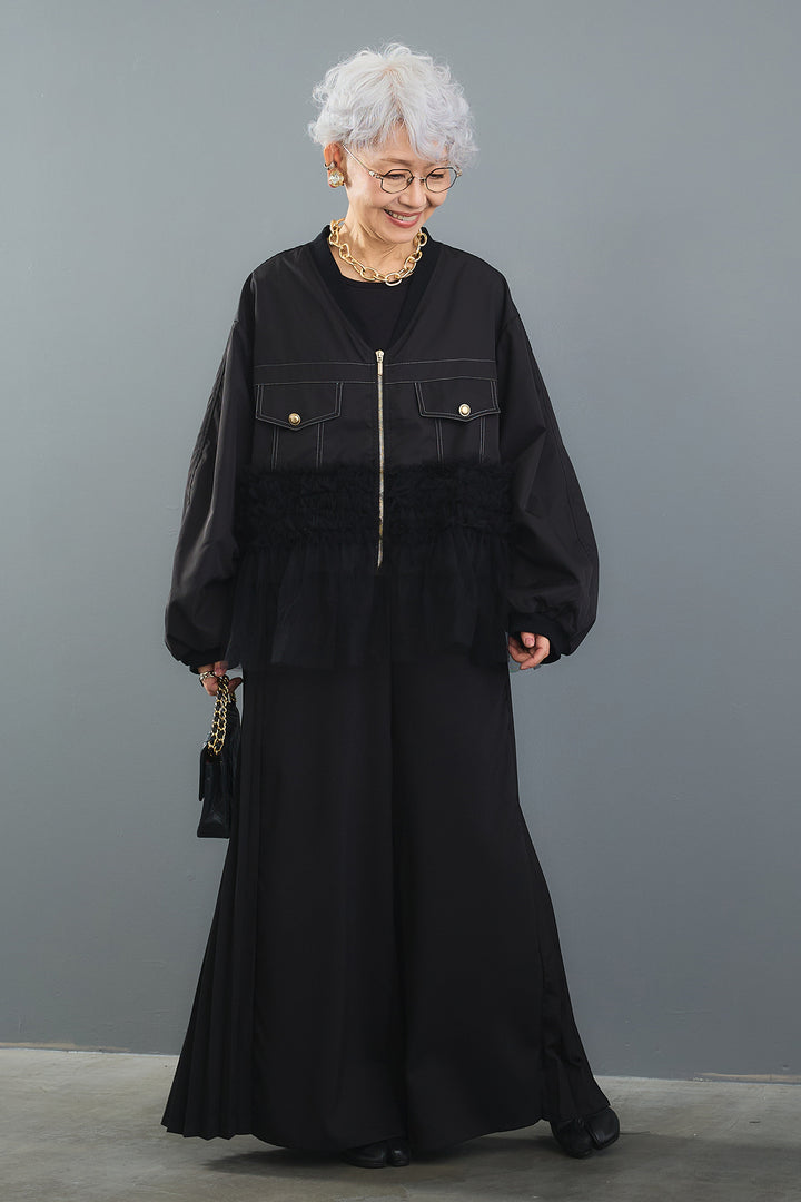 【SET】チュールドッキングブルゾン+サイドプリーツワイドパンツ(2set)