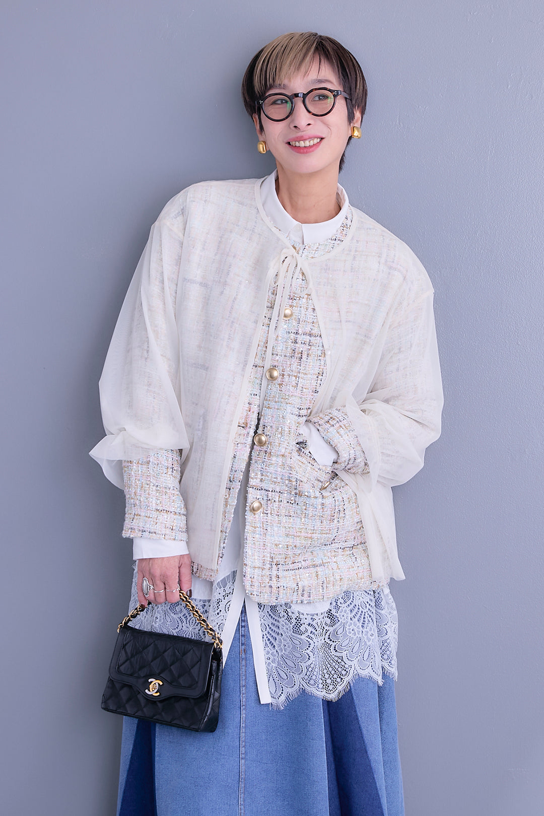 【SET】ツイード×チュールレイヤードノーカラージャケット+ヘムレースロングシャツ+プリーツタックデニムスカート(3set)