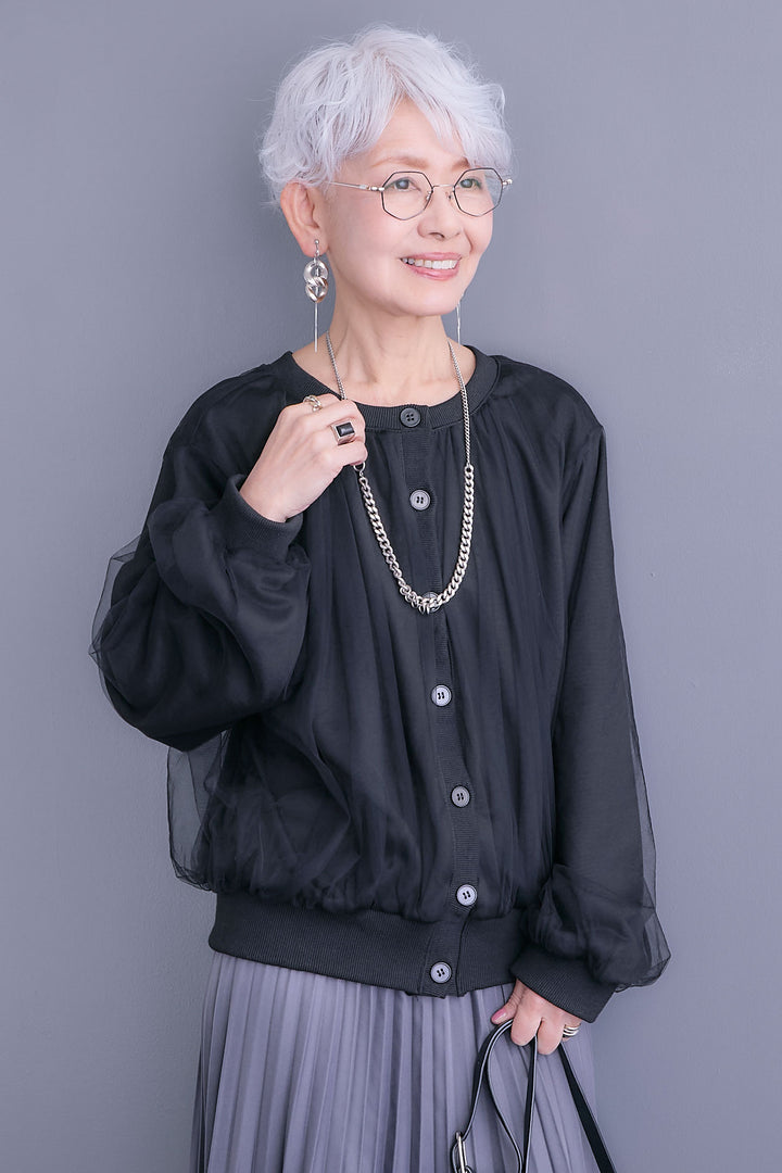 【予約】ノーカラーチュールレイヤードカーディガン