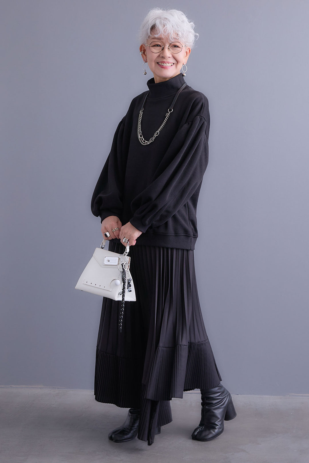 【SET】ボリュームスリーブモックネックプルオーバー+アシンメトリープリーツスカート(2set)