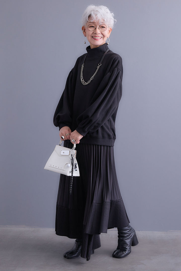 【SET】ボリュームスリーブモックネックプルオーバー+アシンメトリープリーツスカート(2set)