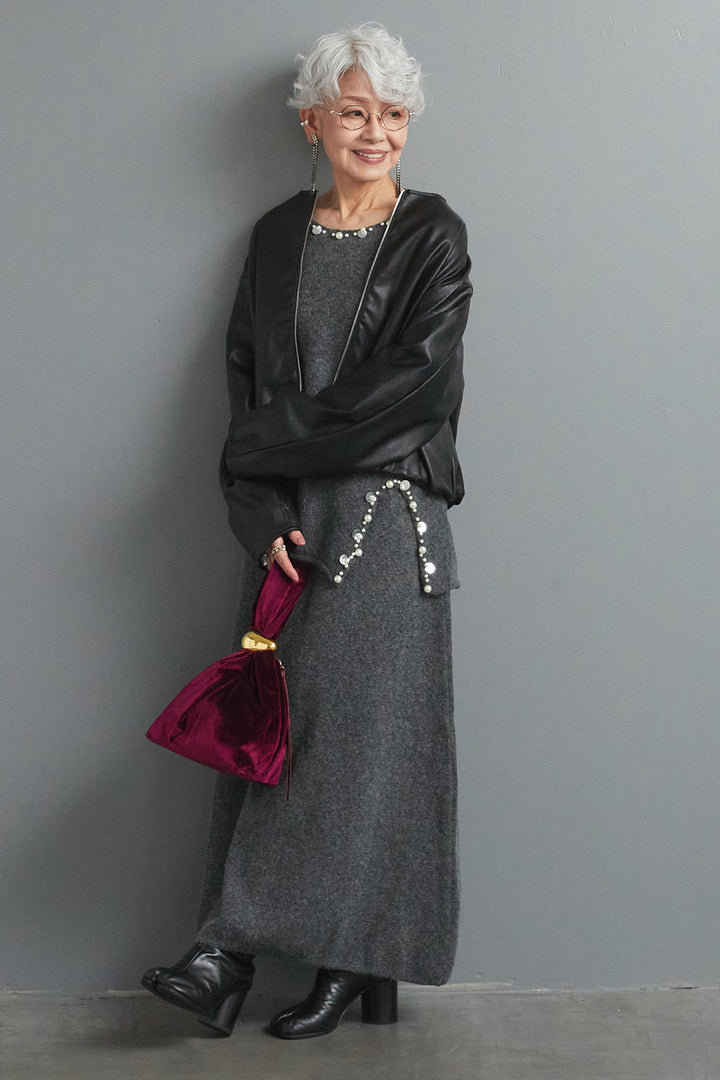 【SET】ビジューニットセットアップ+ラウンドシルエットエコレザーノーカラージャケット(2set)