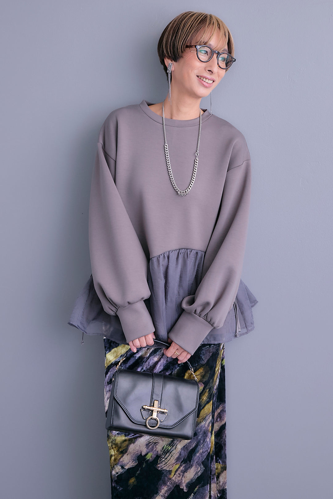 【SET】アシメペプラムオーガンジートップス+ベロアニュアンスアートスカート(2set)