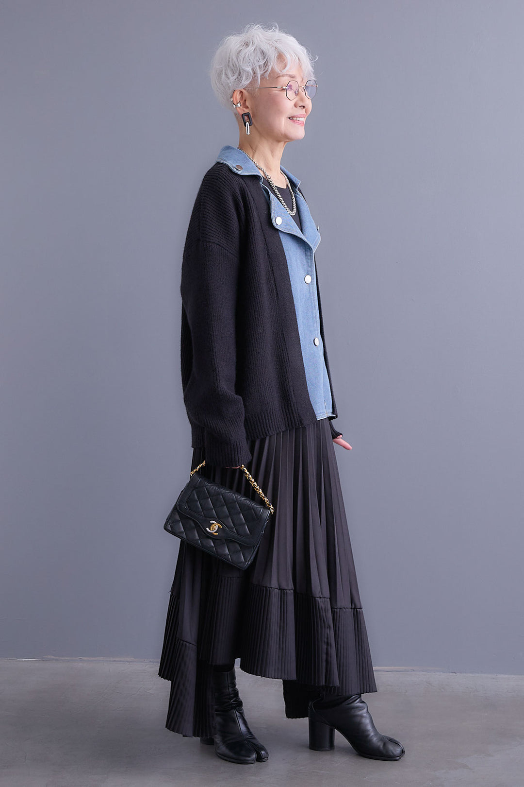 【SET】デニムライダースニットカーディガン+アシンメトリープリーツスカート(2set)