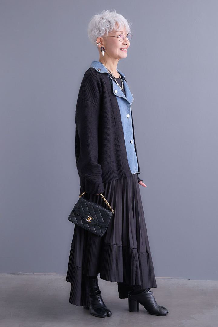 【SET】デニムライダースニットカーディガン+アシンメトリープリーツスカート(2set)