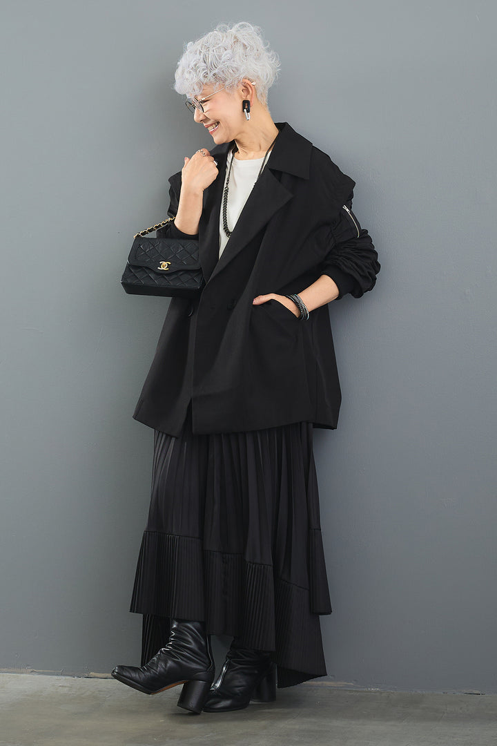【SET】アシンメトリーロンT+シャーリングMA-1ジャケット【2WAY】+アシンメトリープリーツスカート(3set)