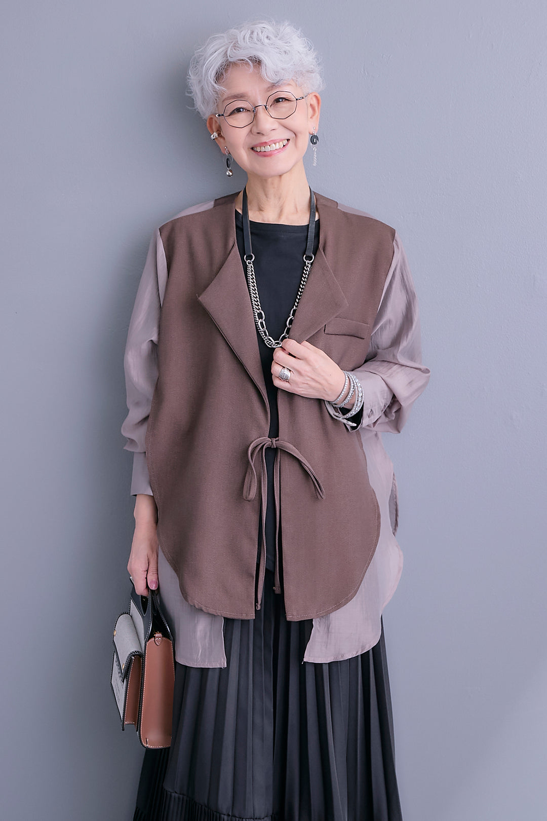 【SET】シアーシャツドッキングジャケット+アシンメトリーロンT+アシンメトリープリーツスカート(3set)