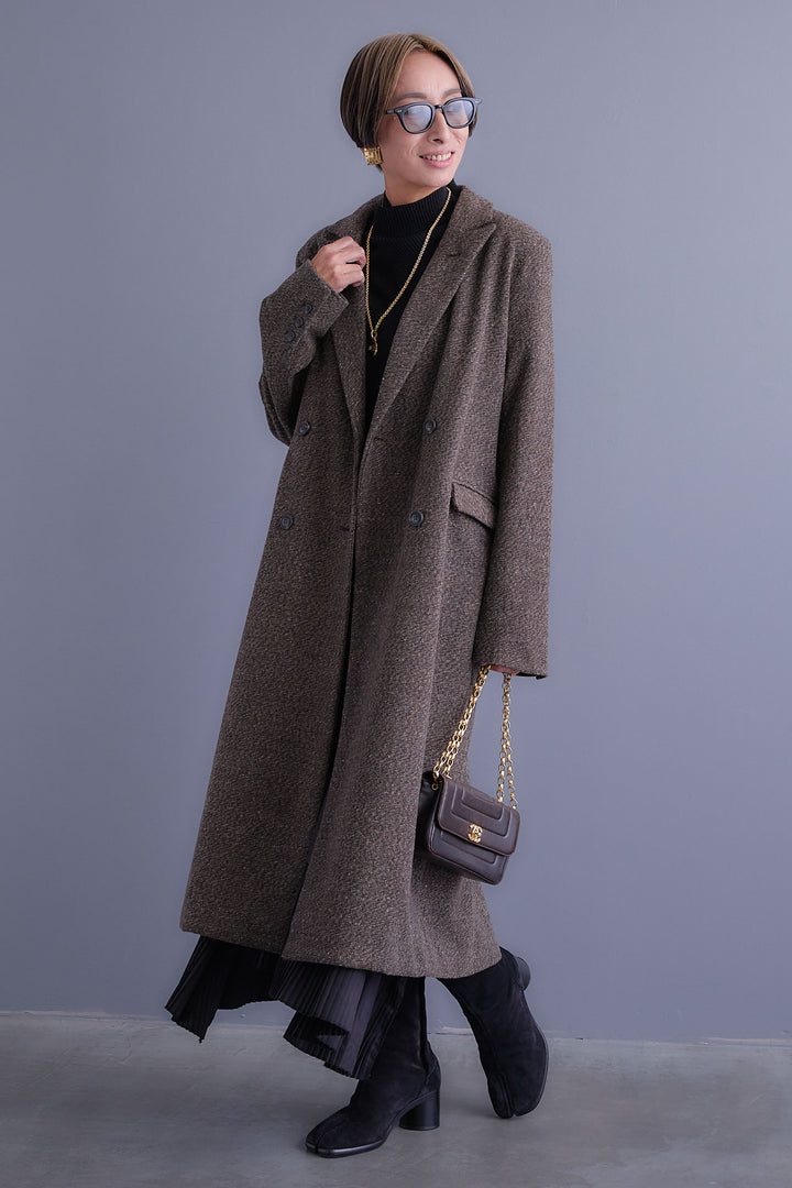 【SET】アシンメトリーオーバーニット+ツイードロングチェスターコート+アシンメトリープリーツスカート(3set)