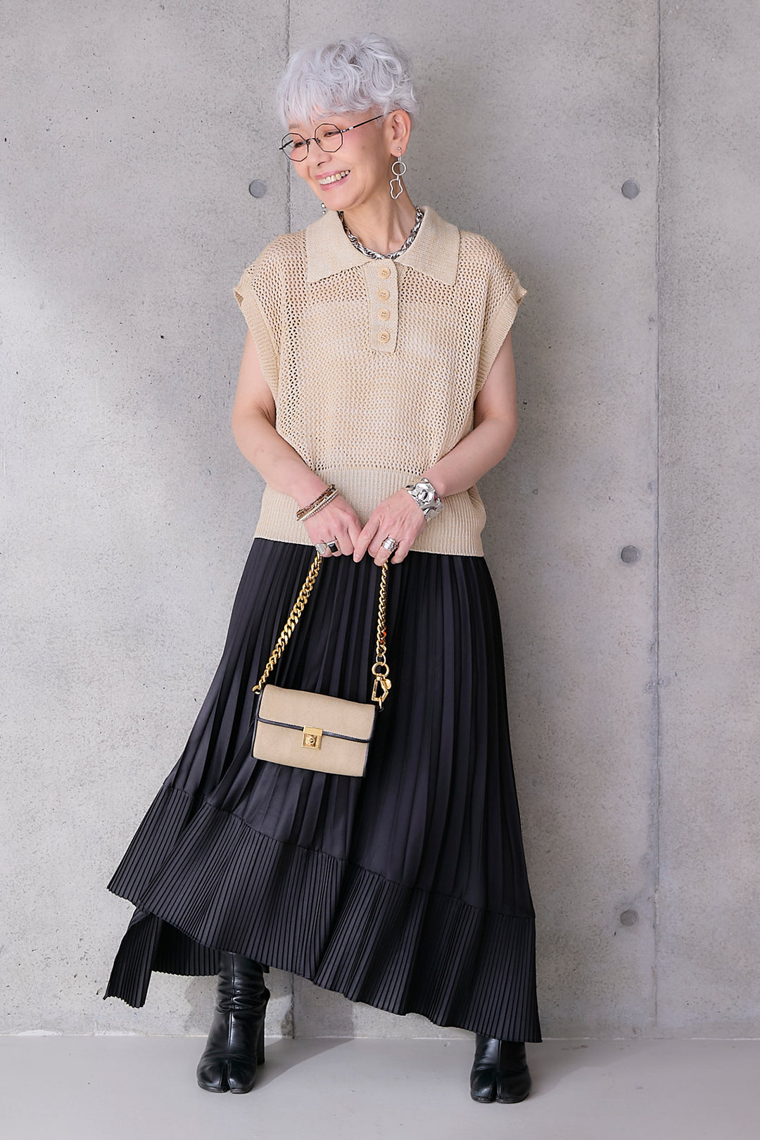 【SET】リネンライクメッシュニット+アシンメトリープリーツスカート(2set)