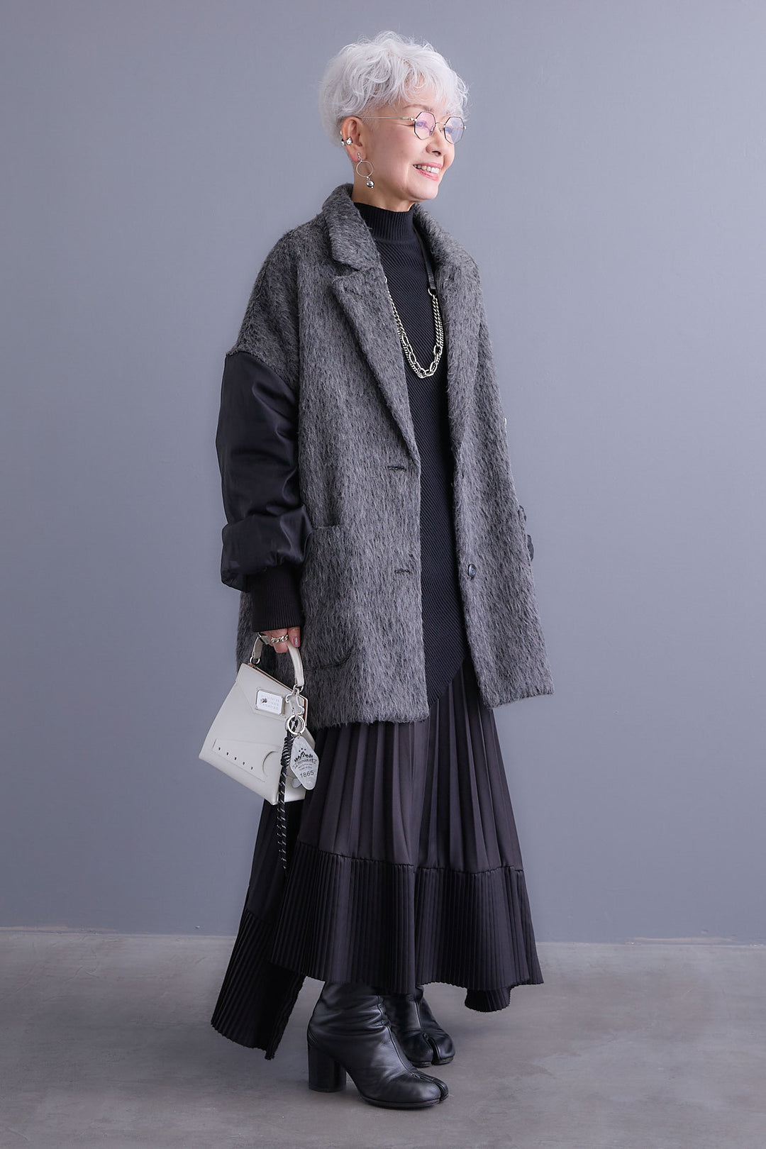 【新色追加】【SET】アシンメトリーオーバーニット+チュールレイヤードMA-1シャギーオーバーコート+アシンメトリープリーツスカート(3set)