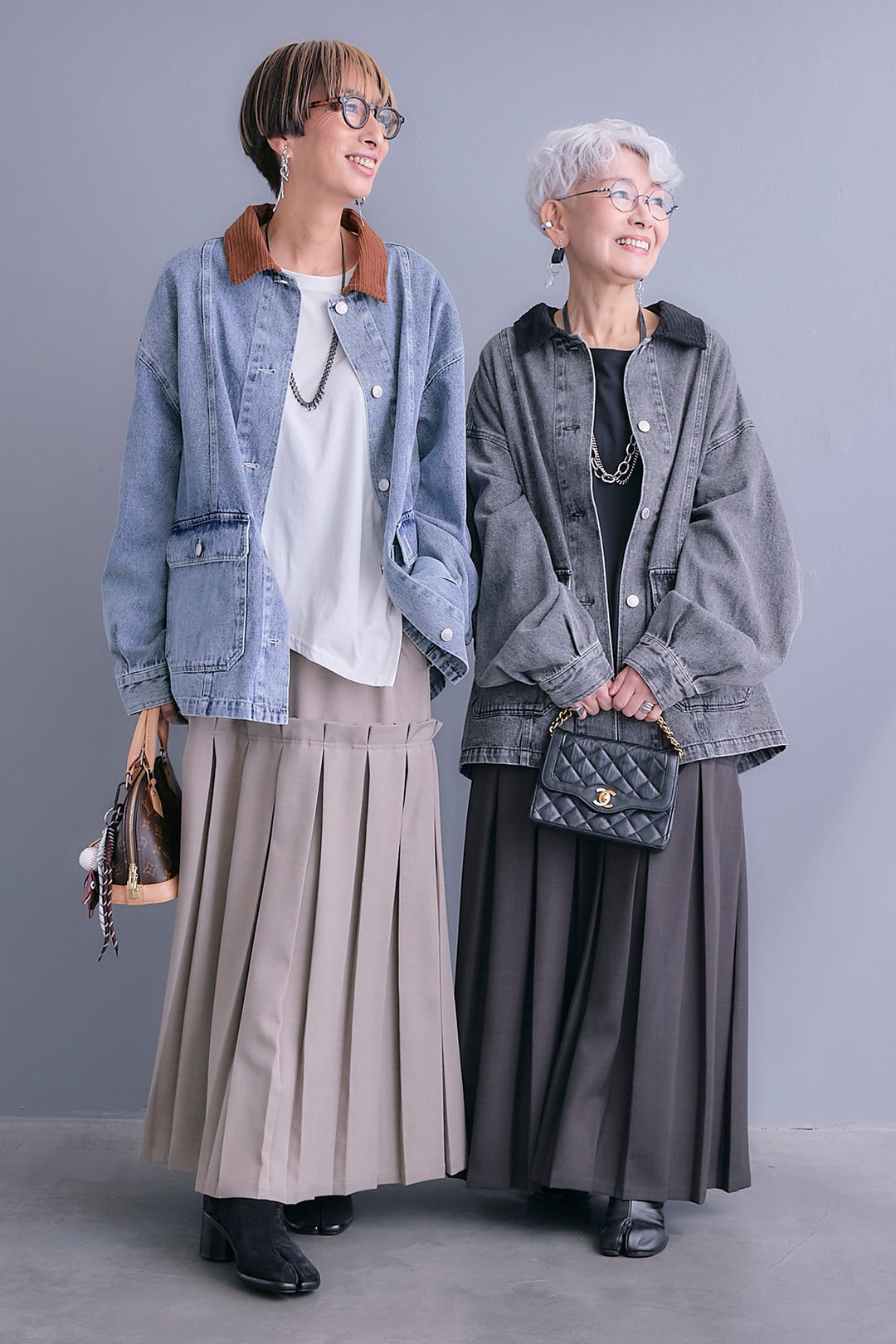 【SET】コーデュロイカラー10ozデニムジャケット+アシンメトリーロンT+ボックスプリーツロングスカート(3set)