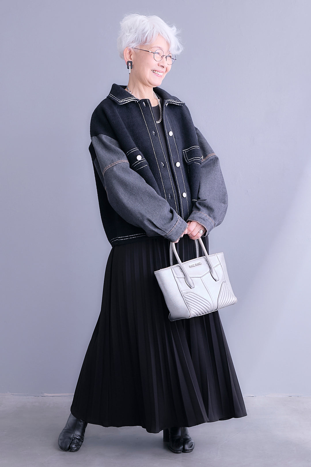 【SET】ステッチニット×デニムスリーブジャケット+プリーツストレッチロングワンピース(2set)