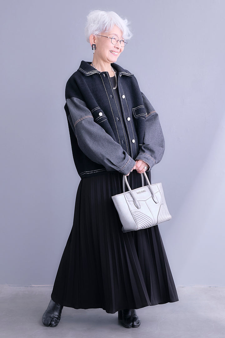 【SET】ステッチニット×デニムスリーブジャケット+プリーツストレッチロングワンピース(2set)