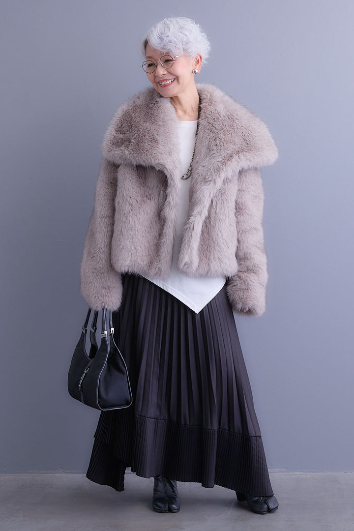 【SET】アシンメトリーロンT+オーバーカラーファーコート+アシンメトリープリーツスカート(3set)