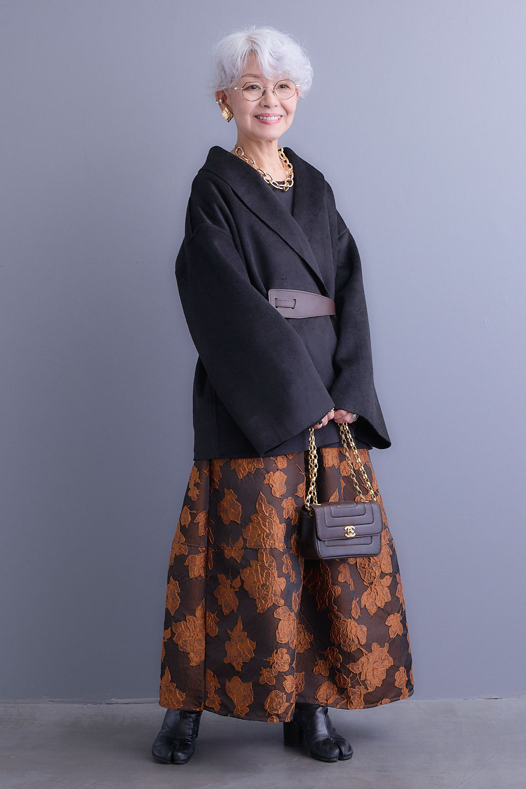 【SET】メルトンソフトショールカラーコート【ベルト付き】+ジャガードフラワースカート(2set)