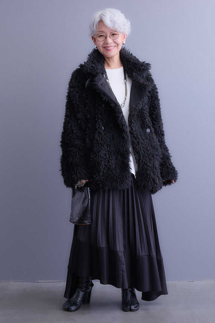 【SET】アシンメトリーロンT+プードルボア2WAYカラーコート+アシンメトリープリーツスカート(3set)