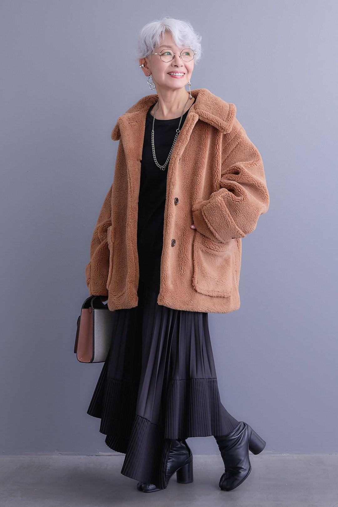 【SET】テディボアフラットカラーコート+アシンメトリープリーツスカート(2set)