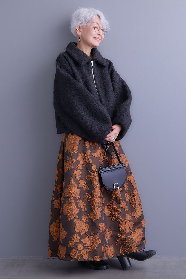 【SET】シープボアボリュームスリーブジャケット+ジャガードフラワースカート(2set)