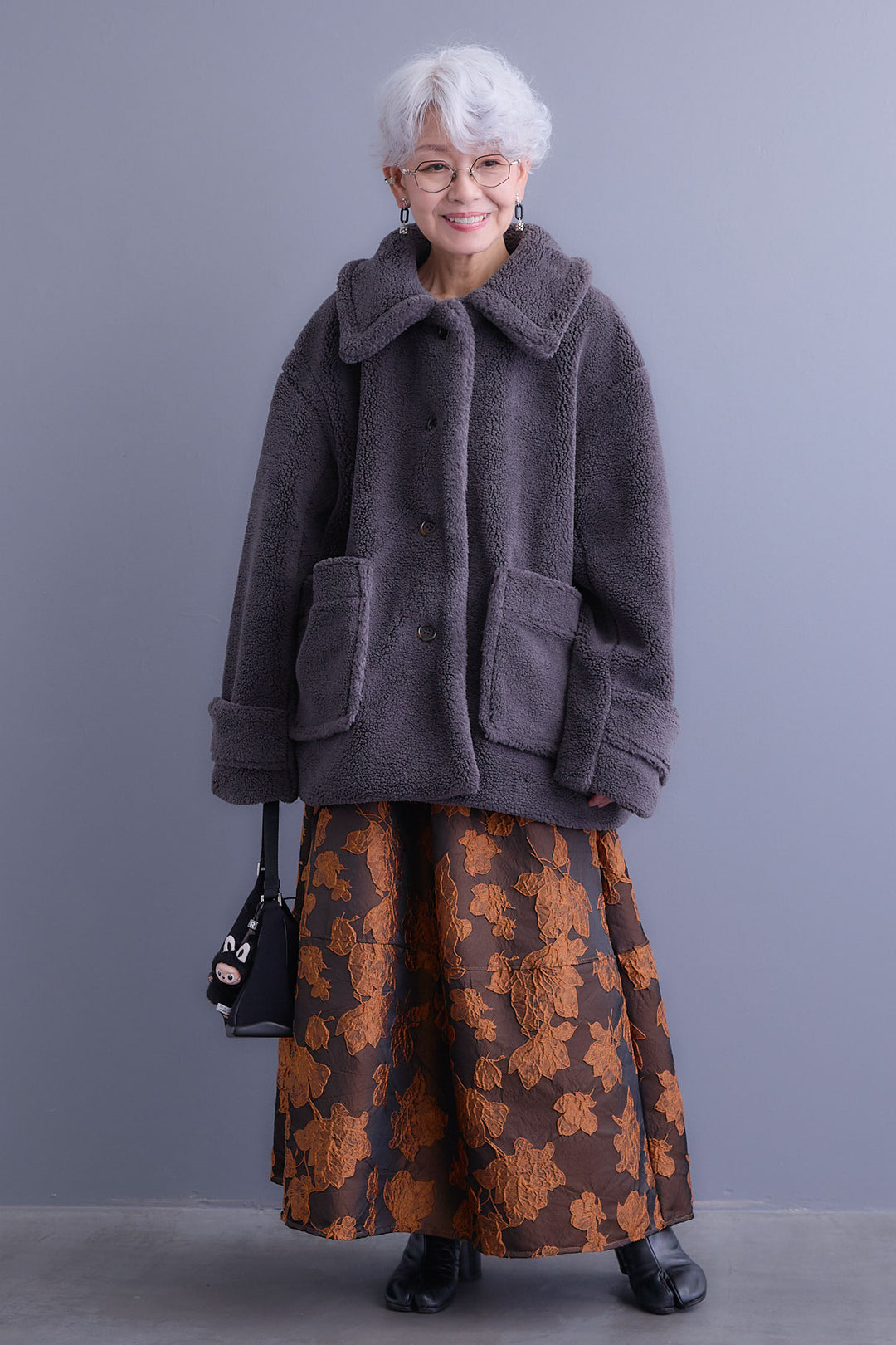 【SET】テディボアフラットカラーコート+ジャガードフラワースカート(2set)