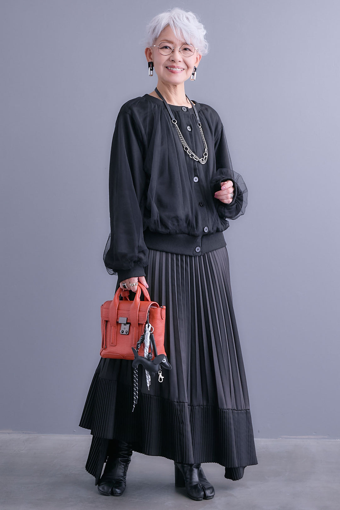 【SET】ノーカラーチュールレイヤードカーディガン+アシンメトリープリーツスカート(2set)