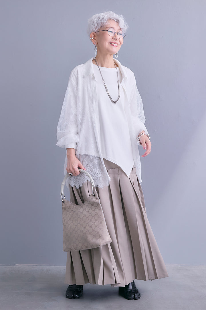 【SET】アイラッシュレースボリュームスリーブシャツ+アシンメトリーロンT+ボックスプリーツロングスカート(3set)