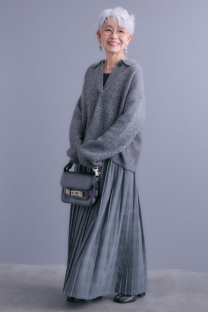 【SET】グラデーションラメキーネックニット+グレンチェックプリーツスカート(2set)