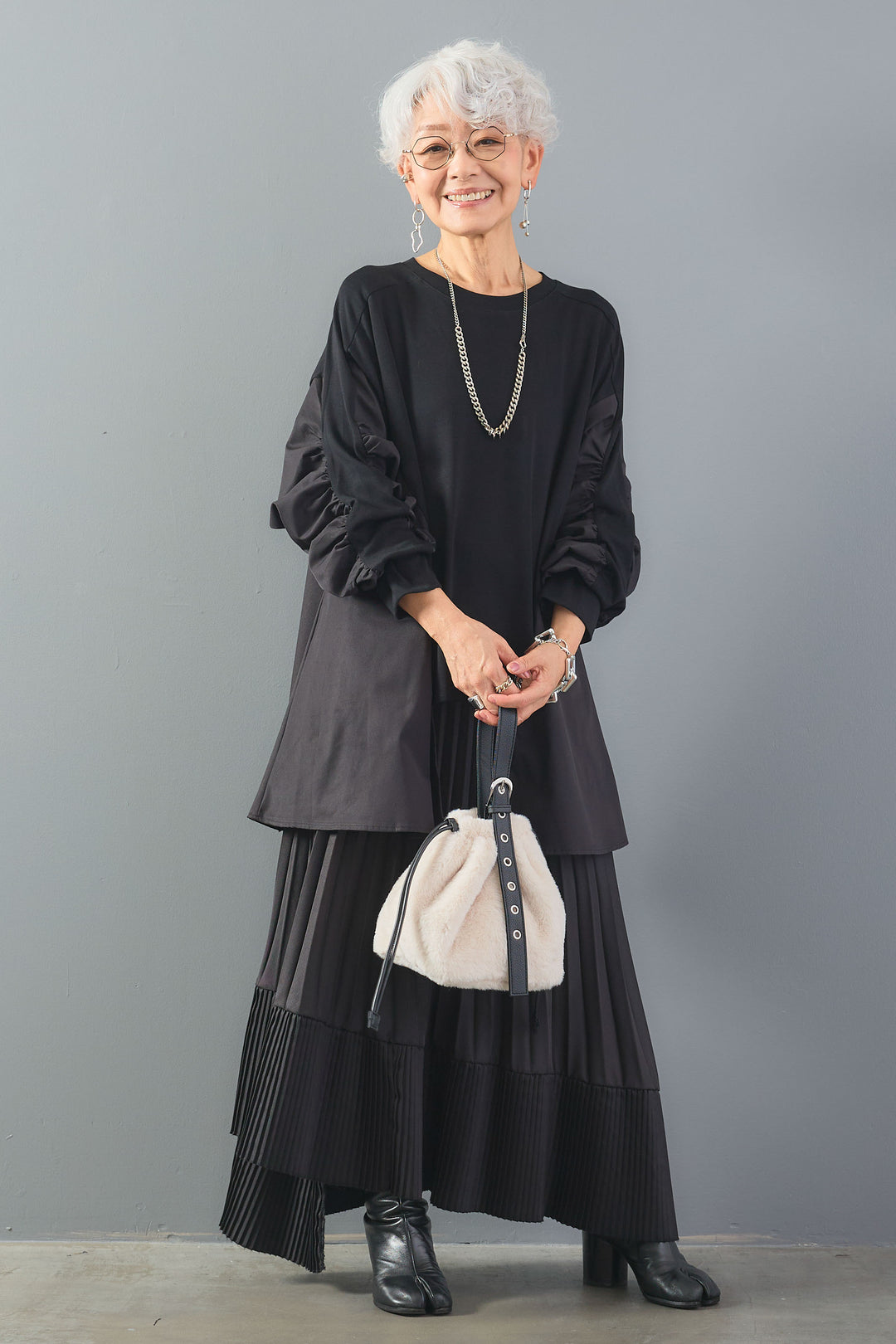【SET】シャーリングスリーブバックロングプルオーバー+アシンメトリープリーツスカート(2set)
