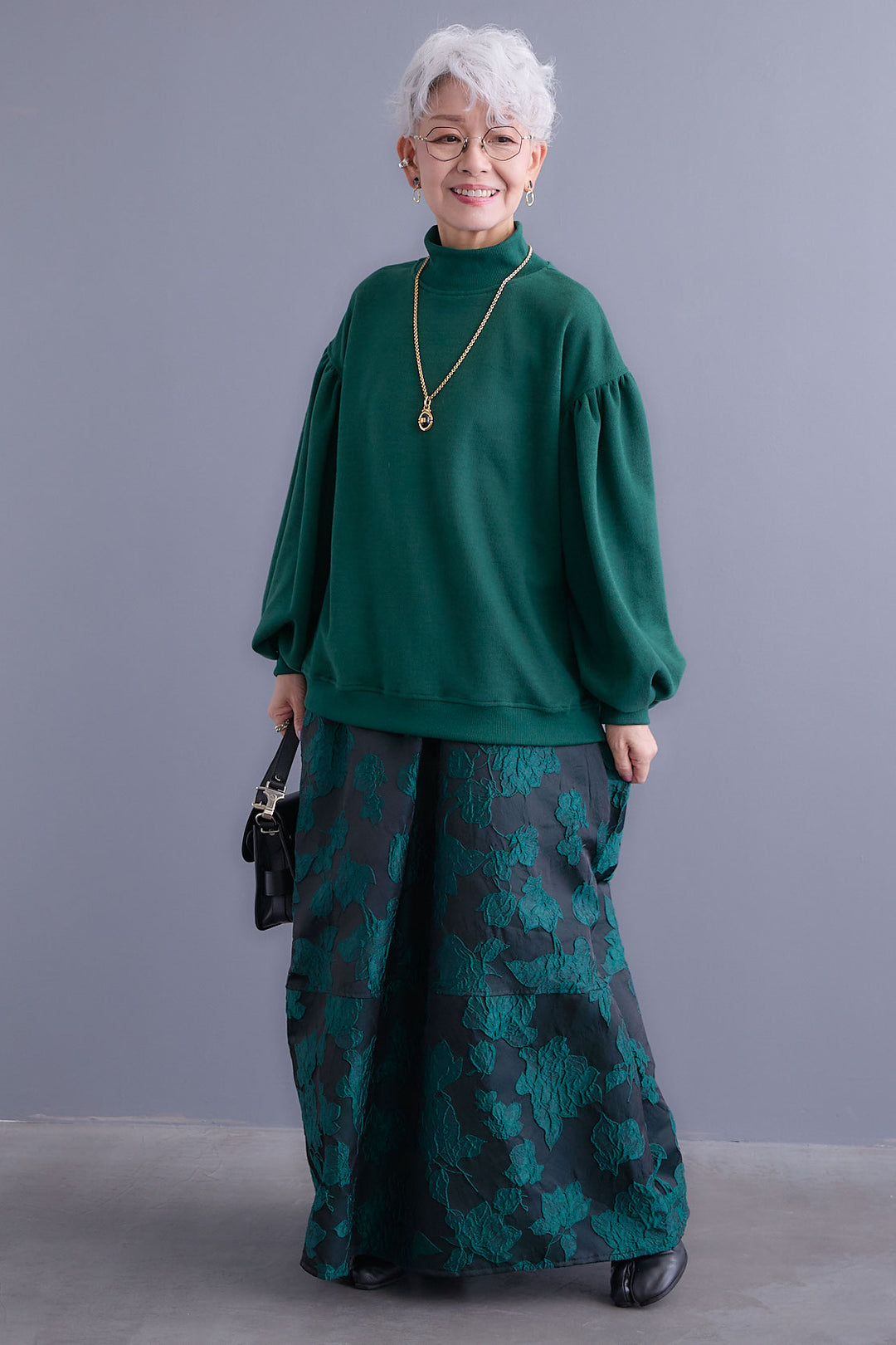 【SET】ボリュームスリーブモックネックプルオーバー+ジャガードフラワースカート(2set)