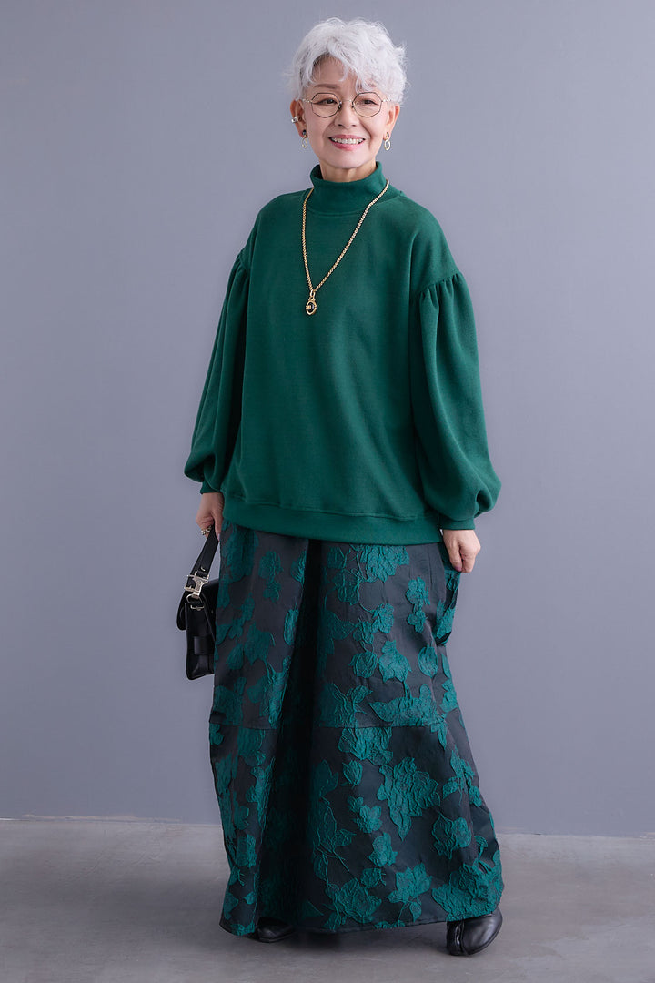 【SET】ボリュームスリーブモックネックプルオーバー+ジャガードフラワースカート(2set)