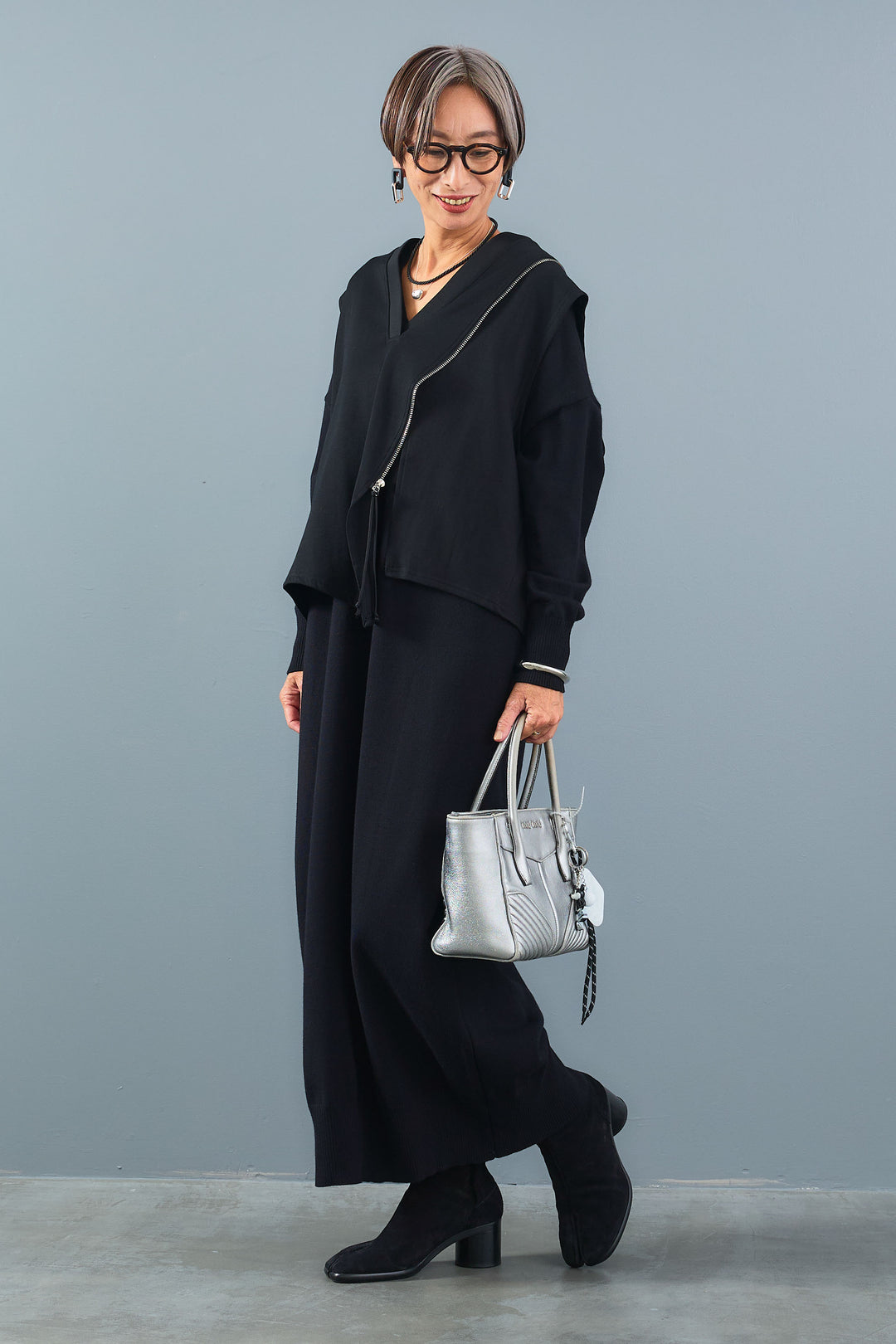 【SET】ZIPデザインアシメVネックベスト+ルーズVネックロングニットワンピース(2set)