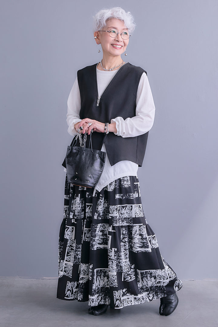 【SET】ZIPオープンVネックベスト+アシメロンT+スズランモノトーンフレアスカート(2set)