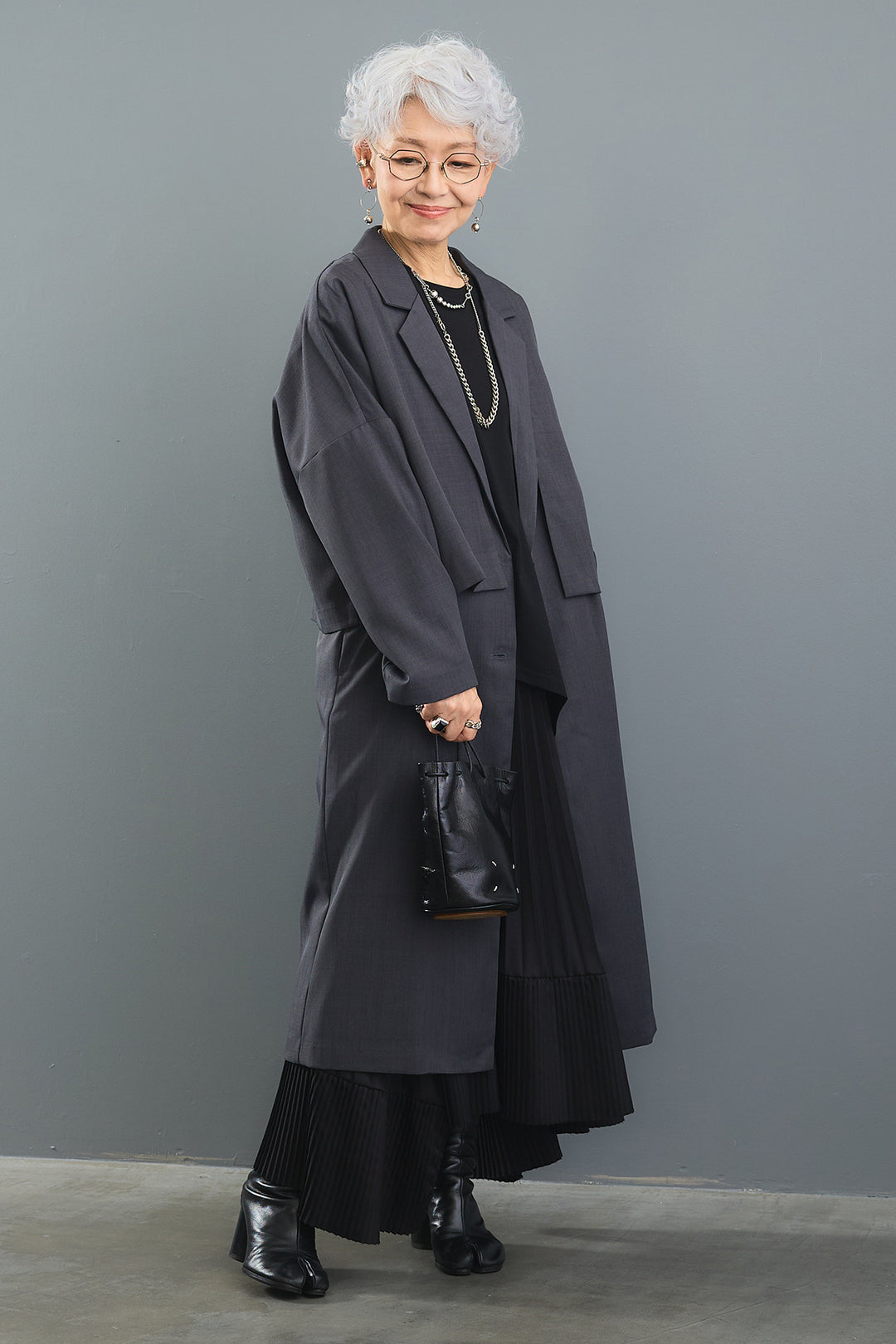 【SET】アシンメトリーロンT+ドッキングテーラードロングベスト+ドッキングノーカラーショートジャケット+アシンメトリープリーツスカート(4set)