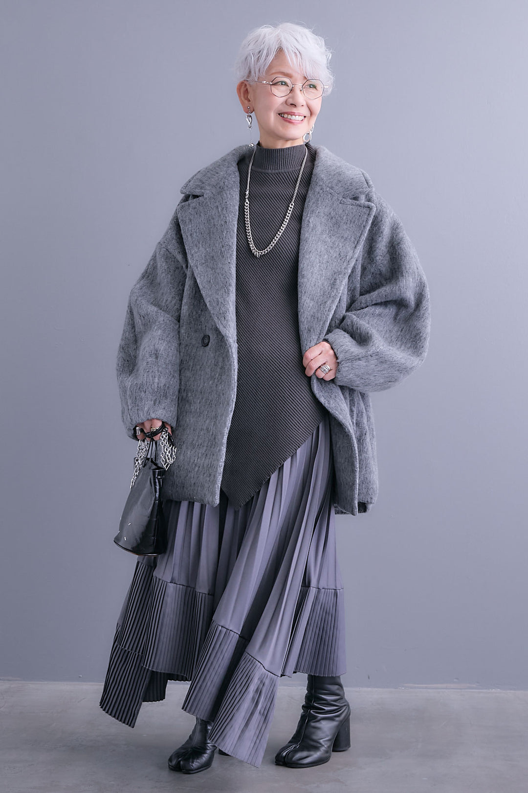 【SET】アシンメトリーオーバーニット+ワイドラペルコクーンスリーブシャギーコート+アシンメトリープリーツスカート(3set)